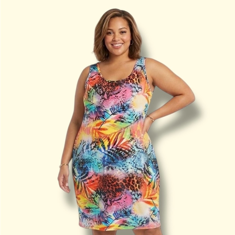Plus-Size Multicolor Tropical Print Swim One-Piece Cover Dress